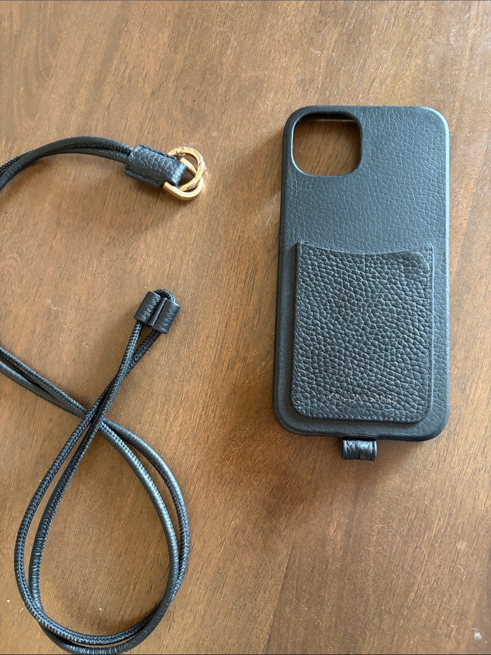 Maison Sabre Black Leather Phone Case with Card Pocket and Strap